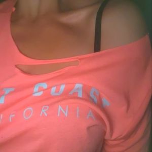 West coast California tie tee in hot coral, white letters in XL